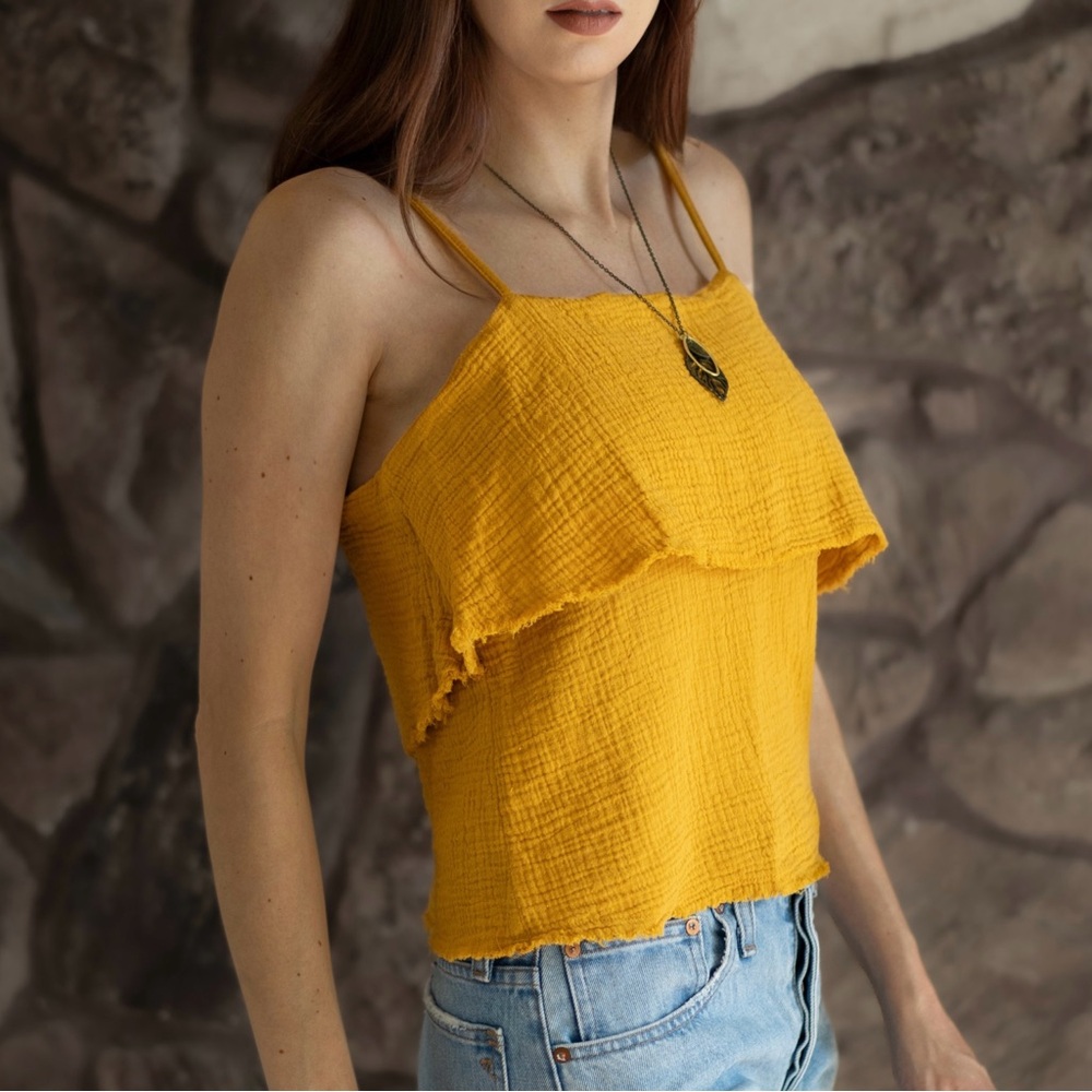Nation LTD Textured Gauze Cotton Mustard Yellow Boho Raw Hem Cami Pedra Tank XS
